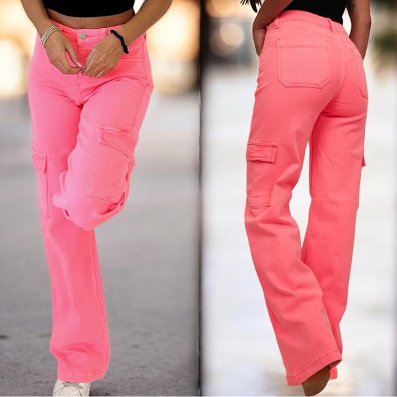 Risen Hot Neon Pink High Rise Wide Leg Cargo Jeans Size 15/32 - Picture 5 of 14